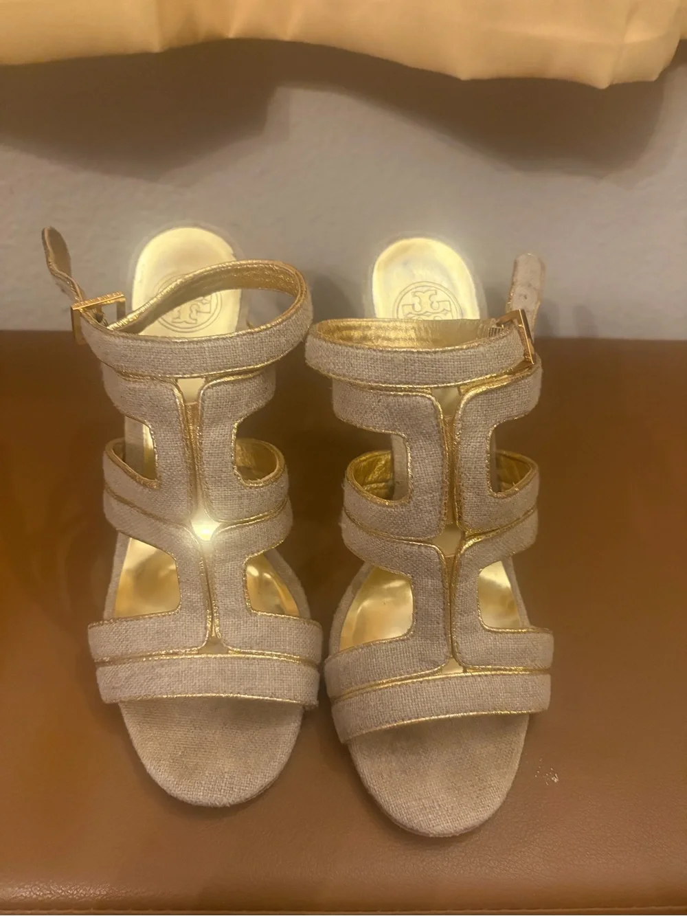 Tory Burch Beige and Gold Strappy Heeled Sandals